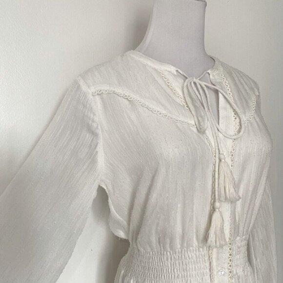 LOST + WANDER WHITE TEXTURED BUTTON FRONT SMOCKED WAIST TASSEL MAXI DRESS - S - Picture 4 of 10